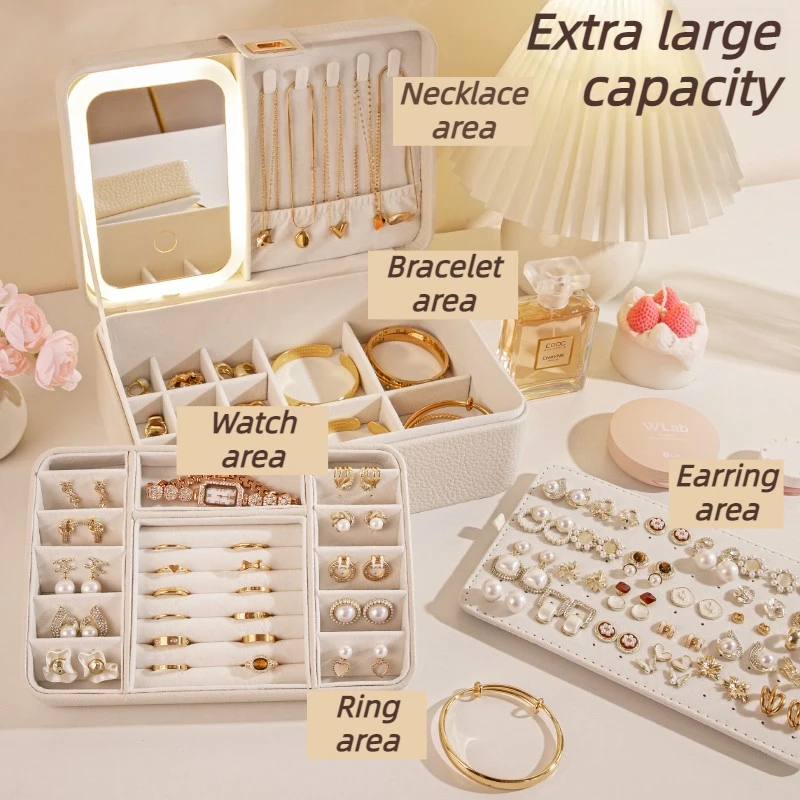 Multi-Functional Jewelry Box LED Light Large Capacity Storage Box Necklace Bracelet Earrings Organizer Display Case with Mirror