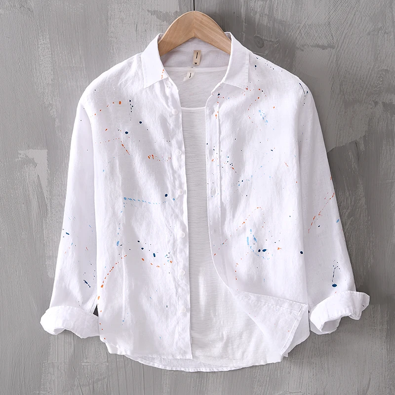 Designer New Long Sleeved Casual 100% Linen Shirt Men Brand Trend Painting Color Comfortable Top Clothing Chemise Homme Camisas