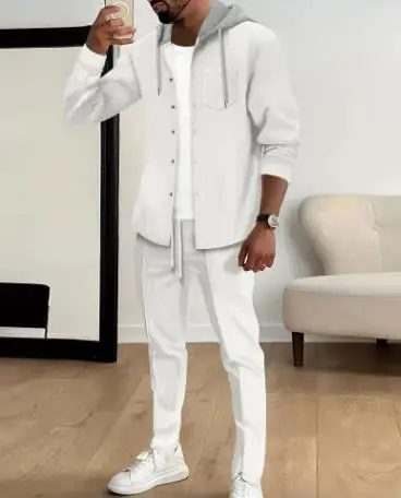 

2026 Fashion Men's Autumn Two Piece Outfit Male Long Sleeve Button Up Hooded Waffle Tops Drawstring Pants Sets