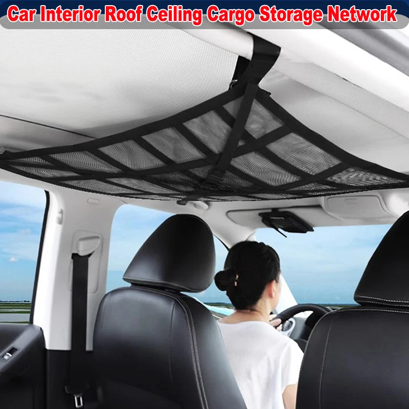 Universal Car Interior Roof Ceiling Cargo Storage Net Network Organizer Mesh Pocket Bag Black For Most Travel Car Accssories