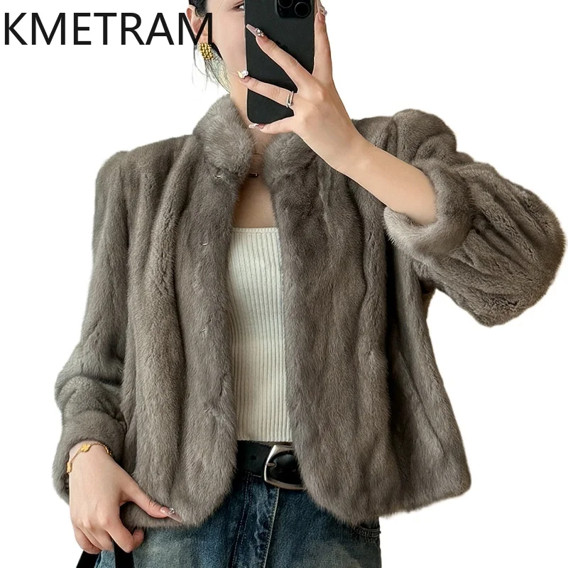 Damska kurtka z naturalnego futra norek, luksusowa szara krótka kurtka z prawdziwego futra, wysokiej jakości zimowa odzież damska, futrzane kurtki 2025 шуба женская