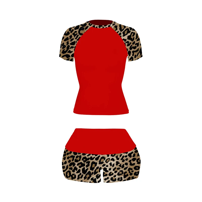 

Trendy fashion retro hot girl style red leopard print contrasting suit American sexy slim fit short sleeved shorts two-piece set