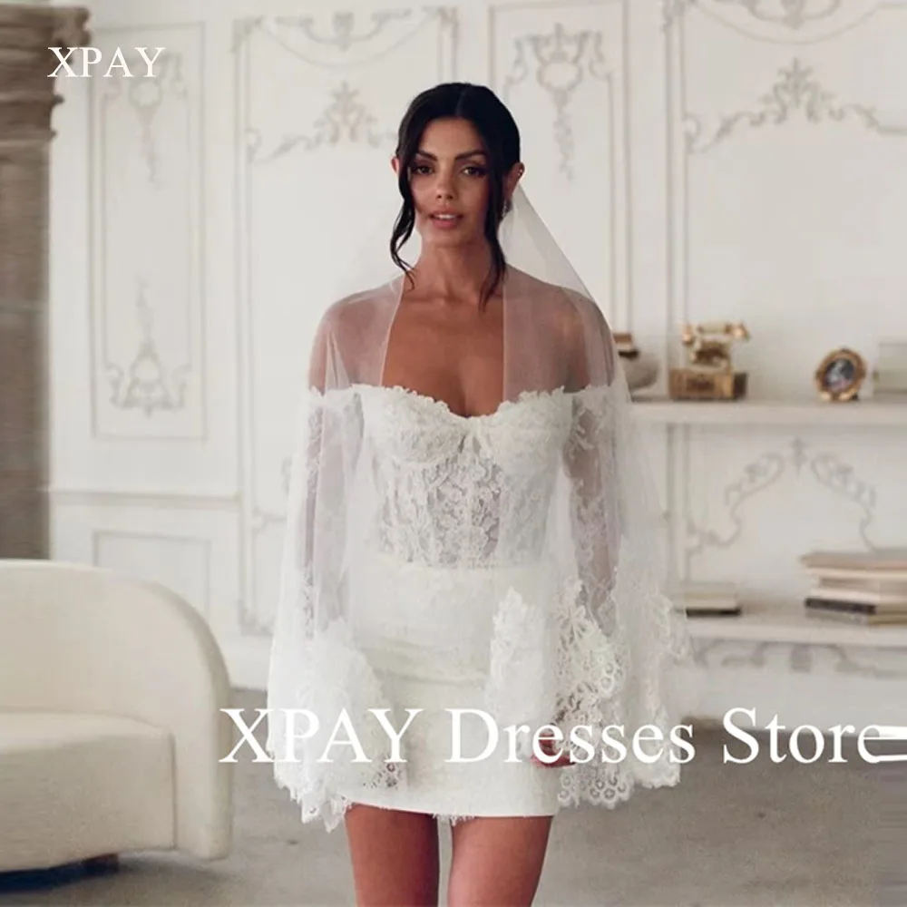 XPAY 2025 Short Skirt Off the Shoulder Wedding Dresses Lace Long Sleeves Vestidos De Fiesta Backless Party Dress With Veil