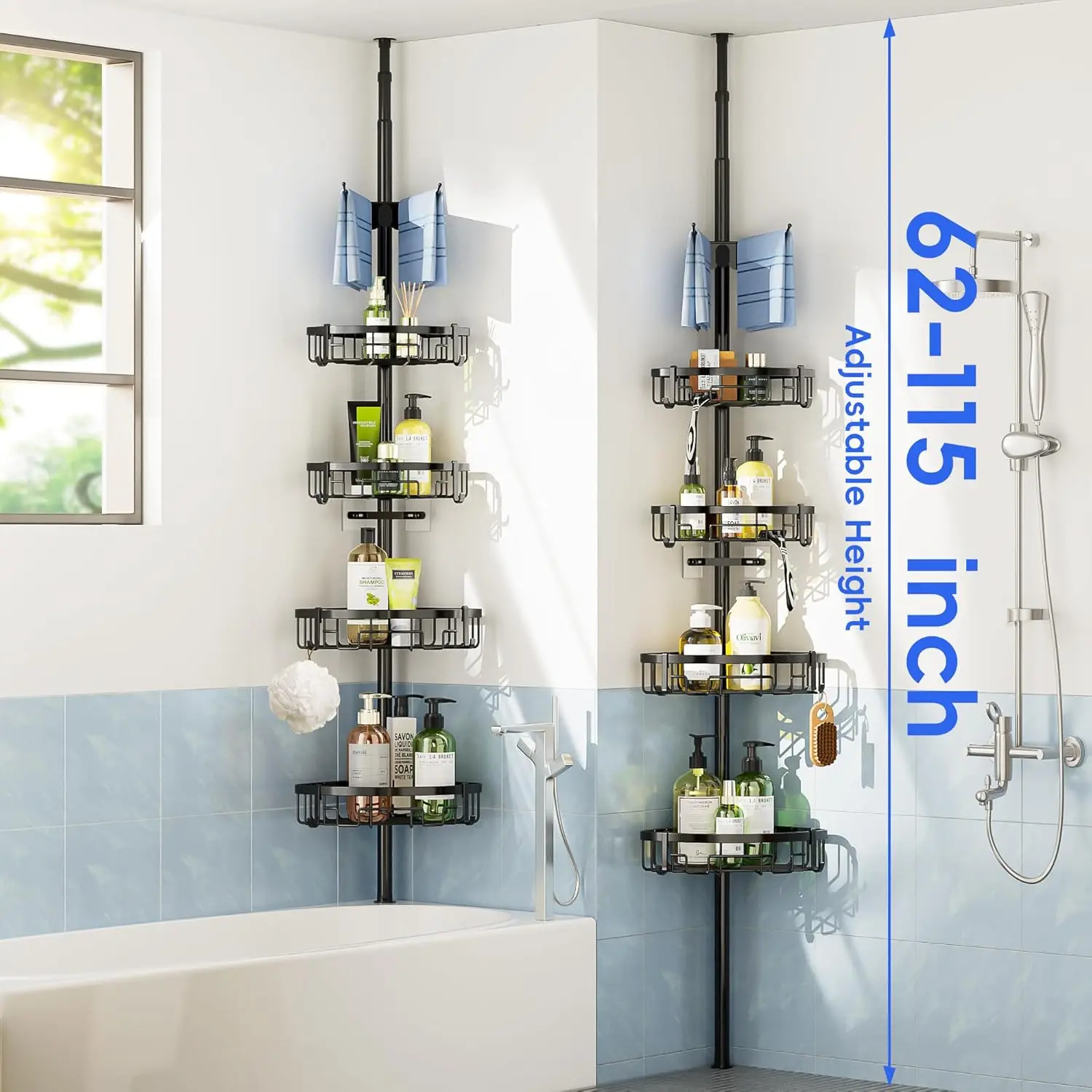 Shower Caddy Tension Pole - 62-115 INCH - 4-Tier Rustproof Bathroom Organizer Shelves, Adjustable Bathtub Tub Shampoo Storage