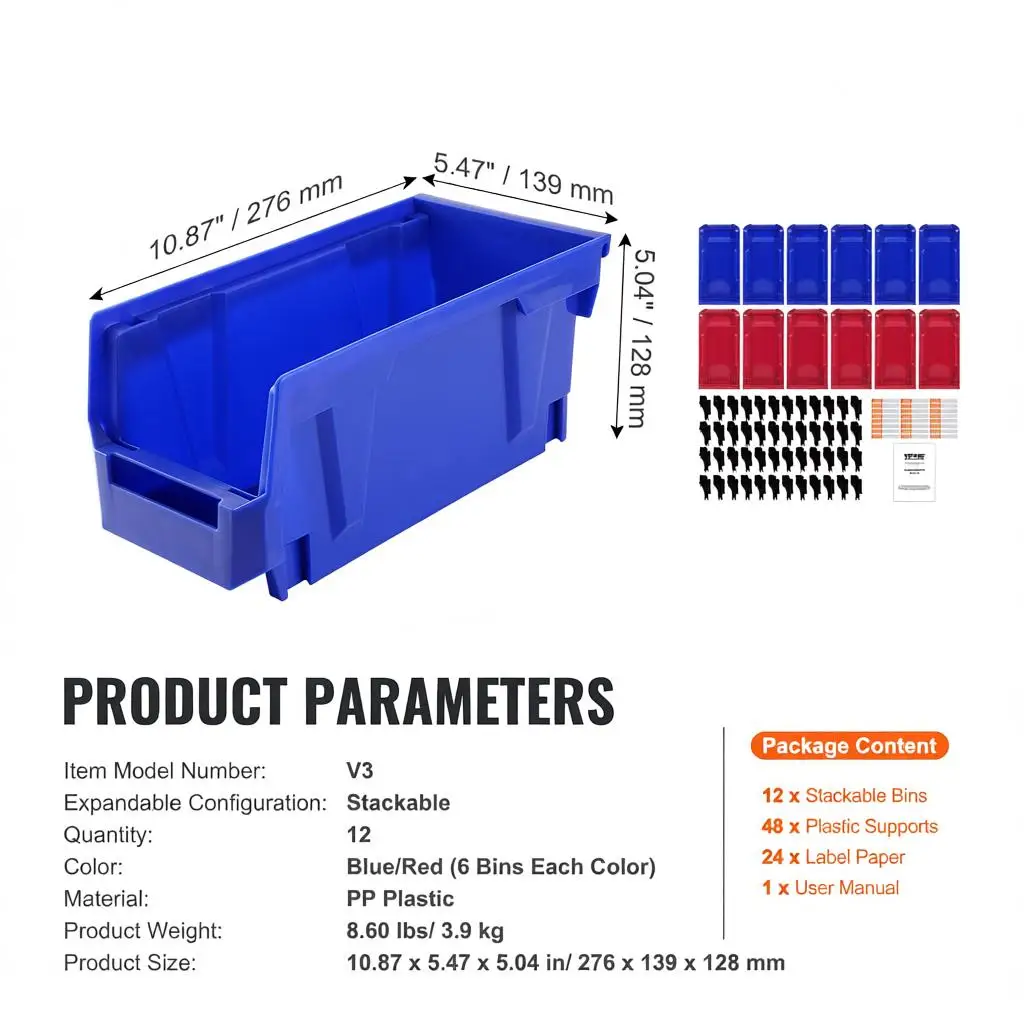 

Пластиковый контейнер для хранения (11x5x5 дюймов), подвесной, штабелируемый органайзер, синий/красный, набор из 12 штук, усиленный, для тяжелых нагрузок