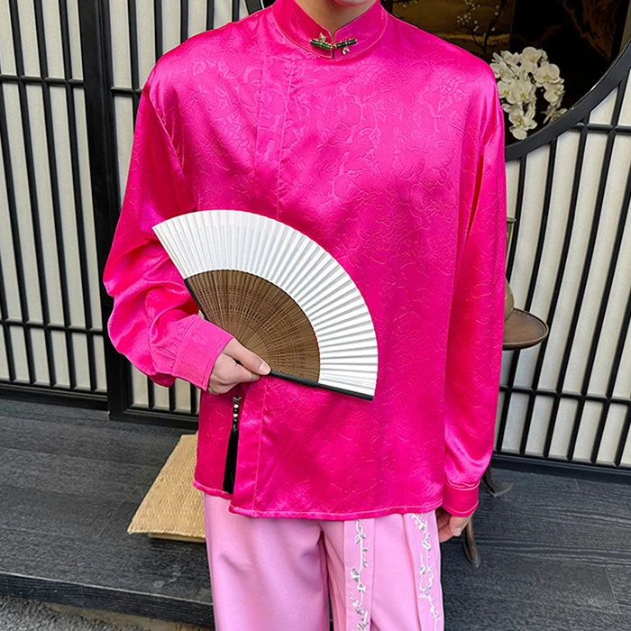 

Новый китайский мужской костюм irt Pink Plum Blossom Color Tang, сценический костюм, длинный свек, свободный крой, молодежная мода