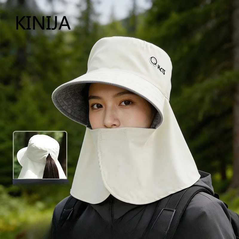 UPF50+ Sun Protection Bucket Hat with Neck Flap Cooling Ice Silk Breathable Ponytail Hole for Women Outdoor Sport Riding Hat
