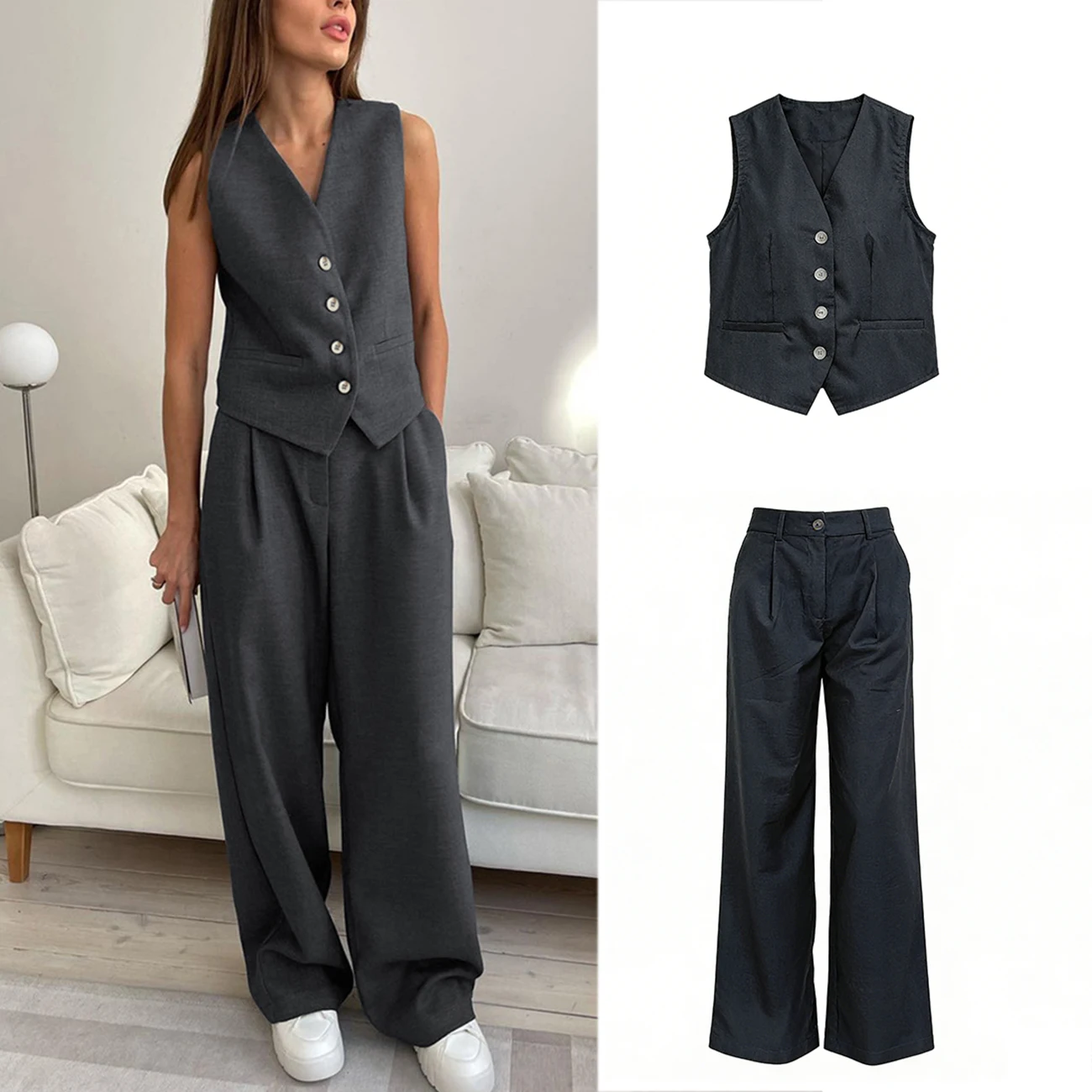 

WXOY Women's suit and pants fashion vest vest khaki Gray high waist straight loose leg pants set