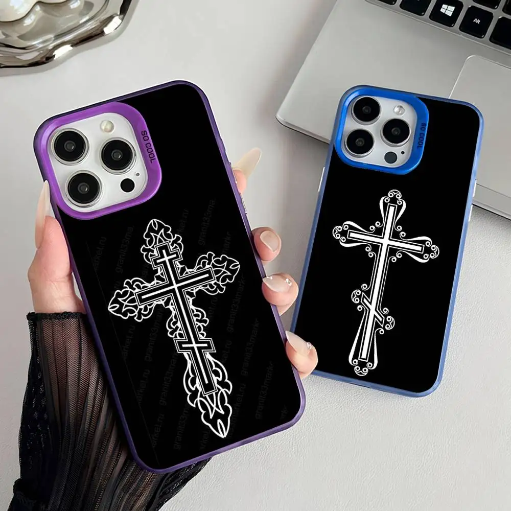Чехол для телефона с православным крестом IPhone 17 16 15 14 13 12 Pro Max Plus разноцветный матовый посеребренный защитный Фото №2