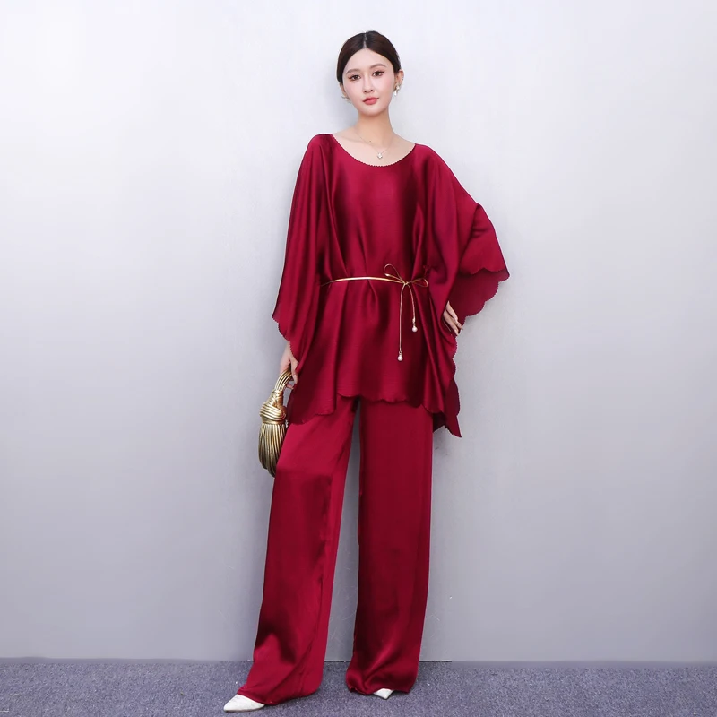 

2024, весна-лето, новый элегантный женский костюм, свободный однотонный топ с круглым вырезом, широкие брюки, комплект из двух предметов J1196