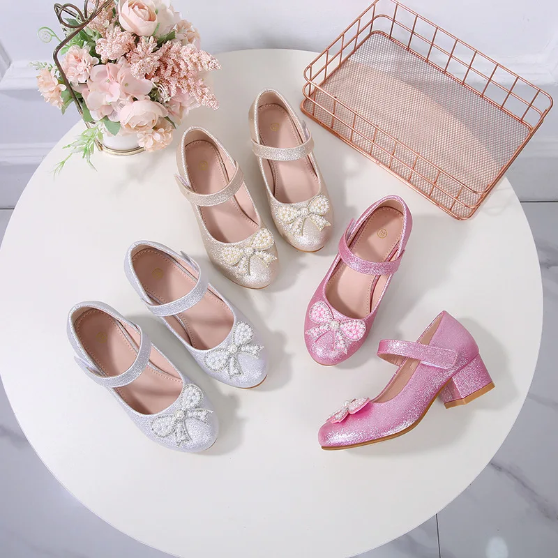 

Осенние туфли принцессы на низком каблуке с бантиками для девочек, детская универсальная повседневная обувь Мэри Джейн со стразами и блестками для девочек