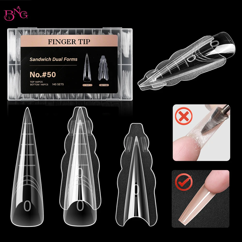 

BNG 140/280PCS Sandwich Nails Dual Forms Reusable Nail Forms with Guide Lines 14 Sizes Nail Mold for Nail Extension Salon & Home