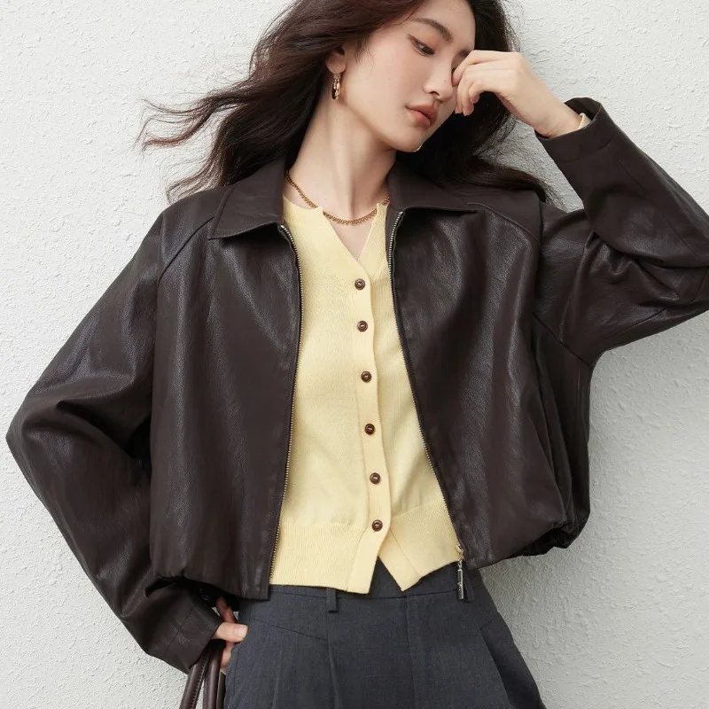 Women Cool Slim Faux Leather Cropped Jacket Lapel Zipper Coat Casual Daily Outerwear S XL