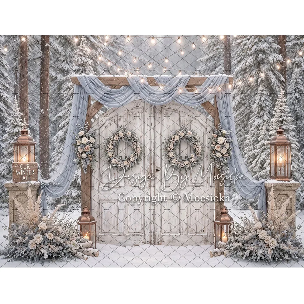 Mocsicka Frozen Christmas Forest Backdrop Photography Xmas Winter Floral Lantern Door Background Family Outdoor Studio Photo