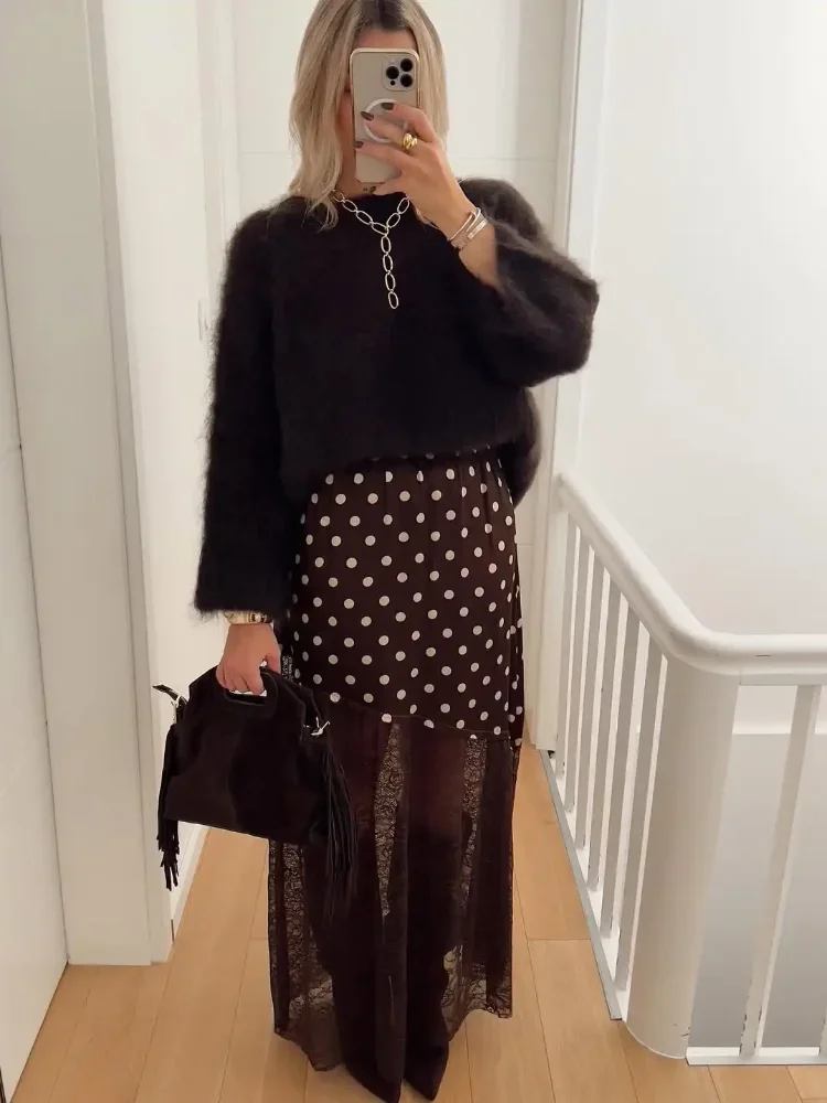 

Lady Classic Lace Polka Dot Patchwork Skirt Women Elegant See Through High Waist Loose Long Skirt 2025 High Street Fashion Wears