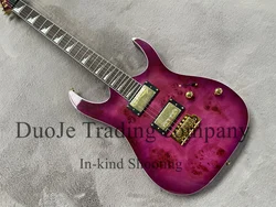 Purple electric guitar Burl veneer Cream binding fixed bridge Gold pickup Rose wood fingerboard white shell Mosaic