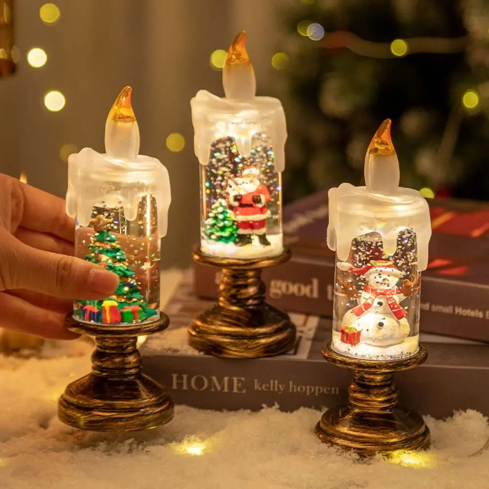 Luminous Christmas LED Candles Lights Glitter Christmas Tree Wind Lantern Plastic Santa Claus Snowman Vintage Nightlight