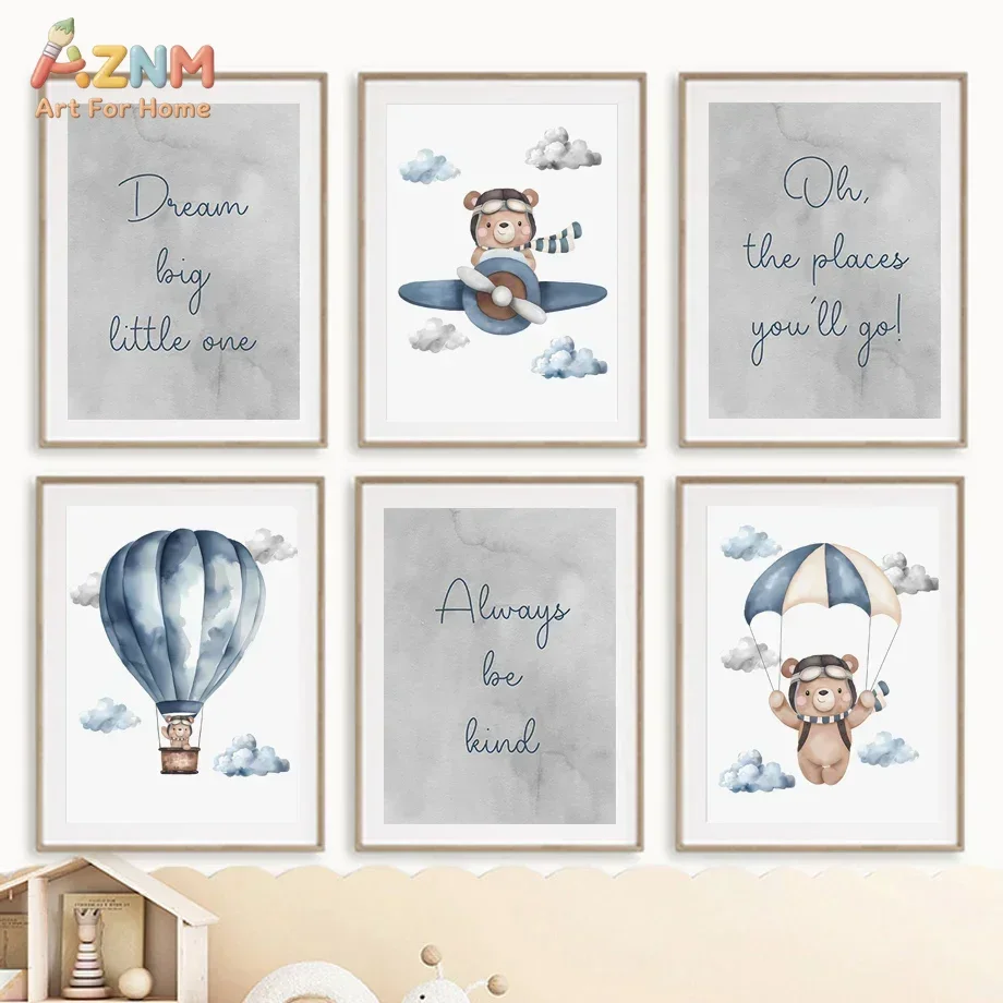 AZNM Watercolor Pilot Bear Canvas Print Airplane Hot Air Balloon Sky Cloud Inspirational Quote Neutral Blue Boy Nursery Wall Pos