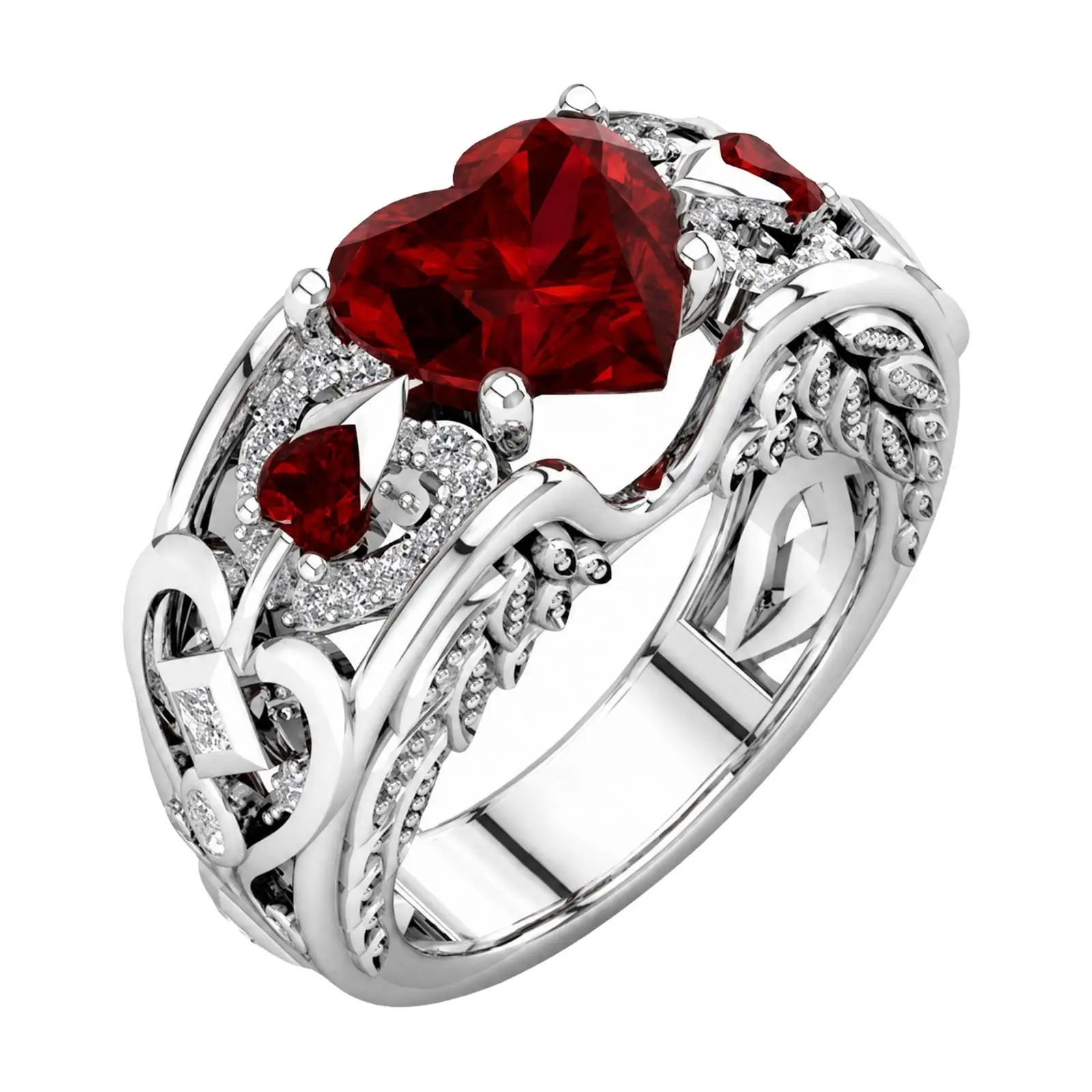 Faceted Crystal Heart Ring Vintage Style Engagement Promise Band for Her