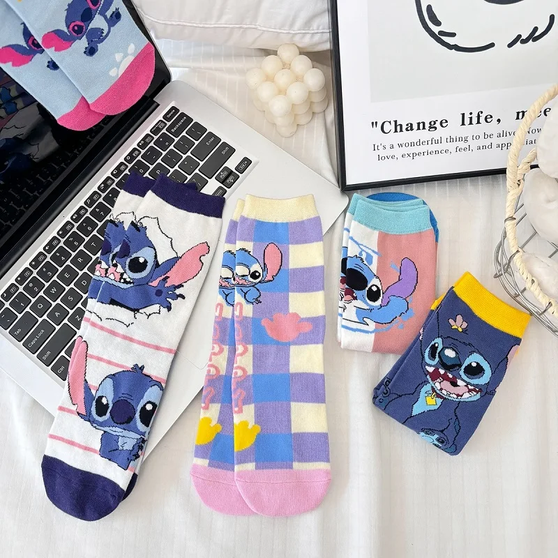 5 Pairs Cartoon Stitch Women socks cotton comfortable Anime socks crew socks Casual happy funny socks Size 34-42