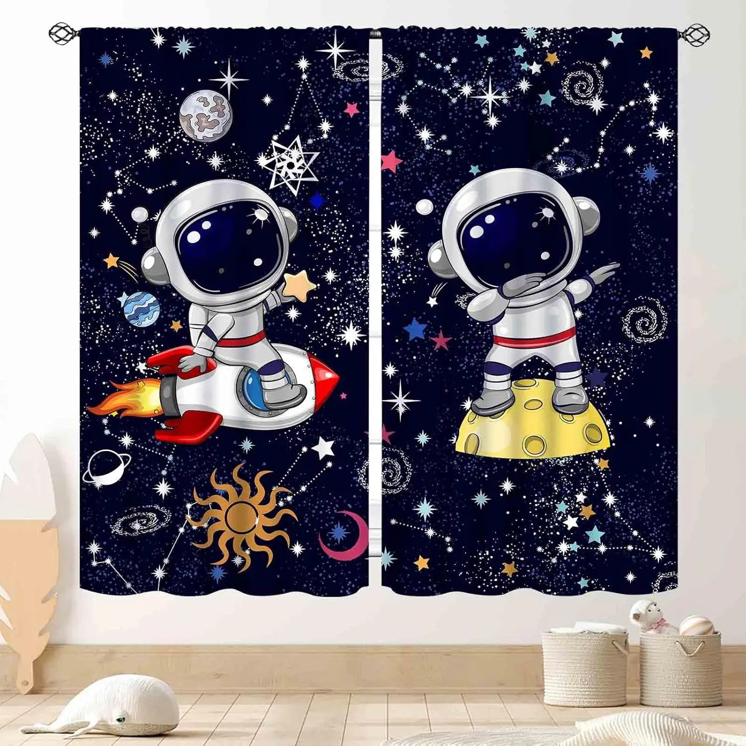 Galaxy Curtains, Cartoon Astronaut Universe Outer Space Star Planets Blackout Window Drapery Treatments for Kids Boys Bedroom