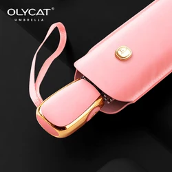 OLYCAT-Anti UV Flat Automatic Umbrella Woman And Girls, Colorful Portable Five Folding Sun Umbrella, 6K Parasol