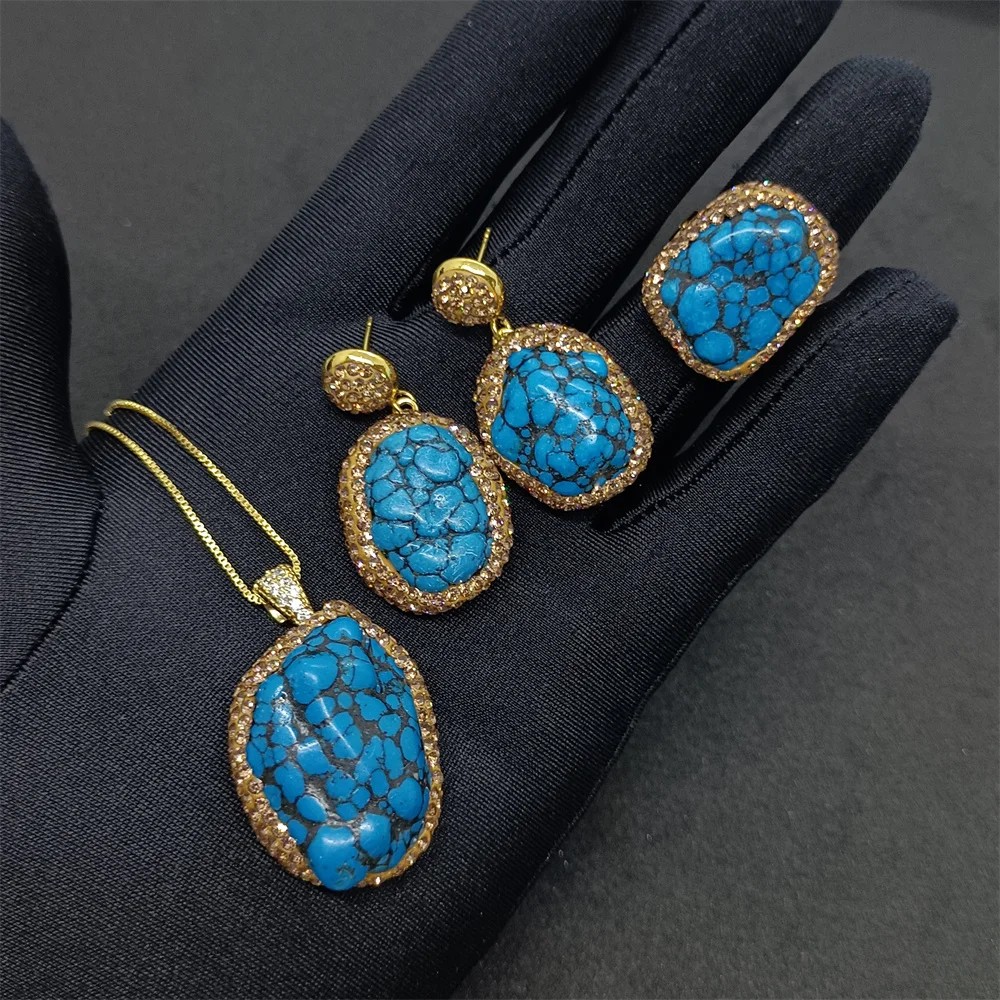 New Turquoise Necklace Earring Ring Set For Women's Personality Simple Luxury Ladies Banquet Exquisite Party Elegant Jewelry