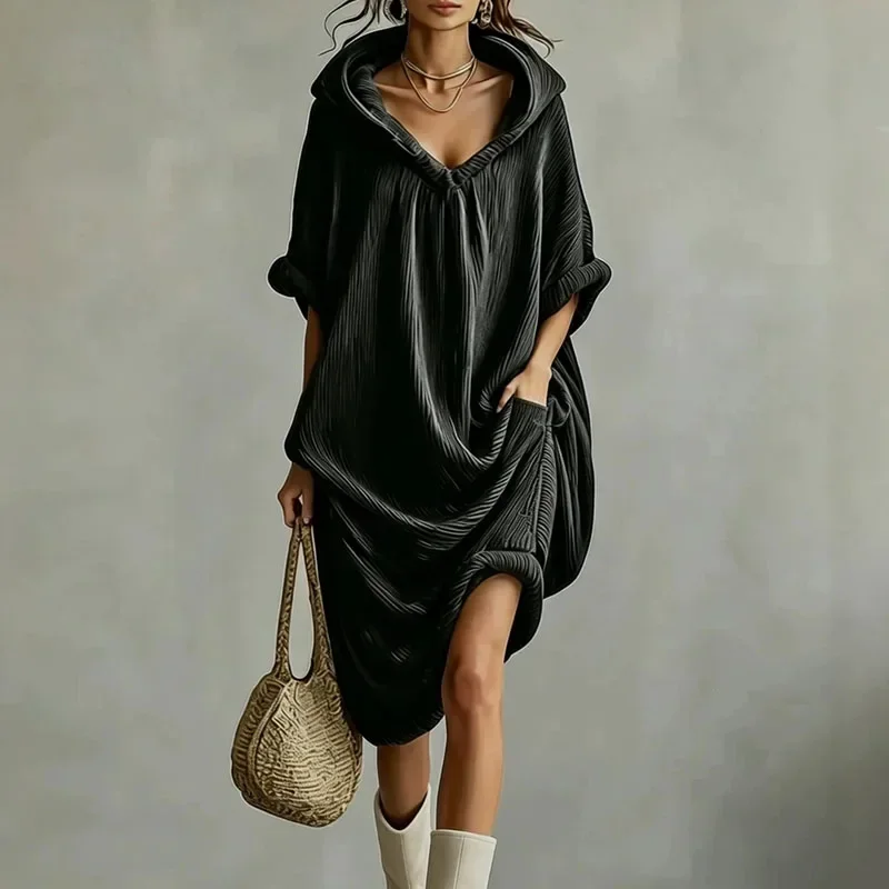 Greenora Solid Pleated Textured Hoodie Dress Ladies V Neck Cuffed Short Sleeve Relaxed Side Pocket Hem Dress New Autumn Casual M