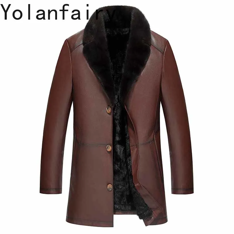 

YOLANFAIRY Куртка из натуральной кожи из натуральной козьей кожи, мужская зимняя роскошная подкладка из норкового меха, пальто из натурального меха, мужской теплый костюм средней длины, пальто