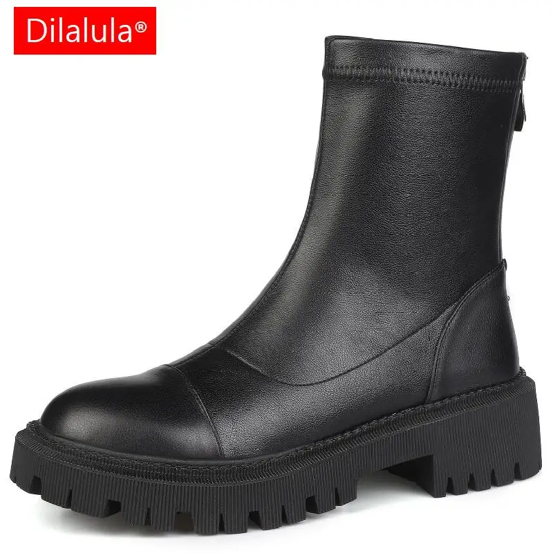 Dilalula Basic Women Ankle Boots Concise Genuine Leather Thick Heels Back Zipper Shoes Woman Autumn Winter Working Casual