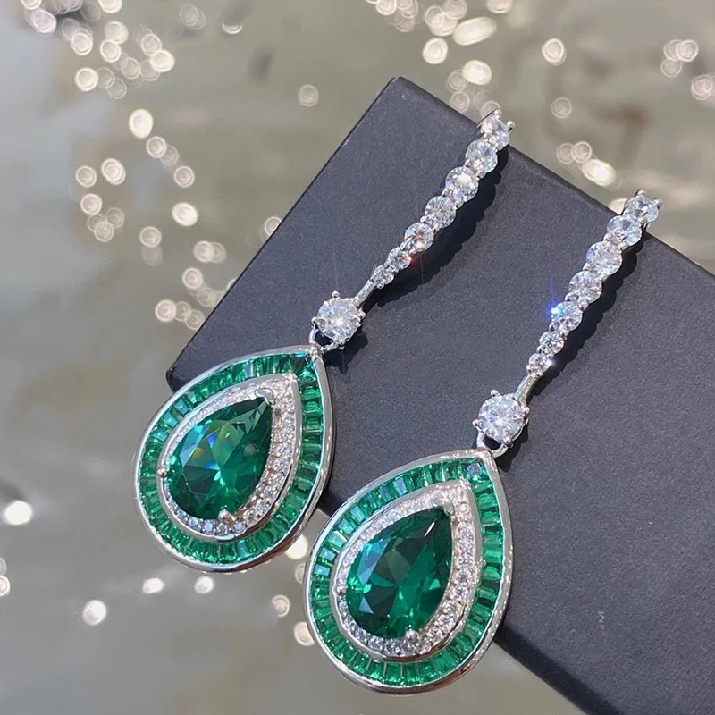 S925 Silver Ear Stud 3ct Water Drop 8 * 12 Emerald High Carbon Diamond Versatile Earring Jewelry