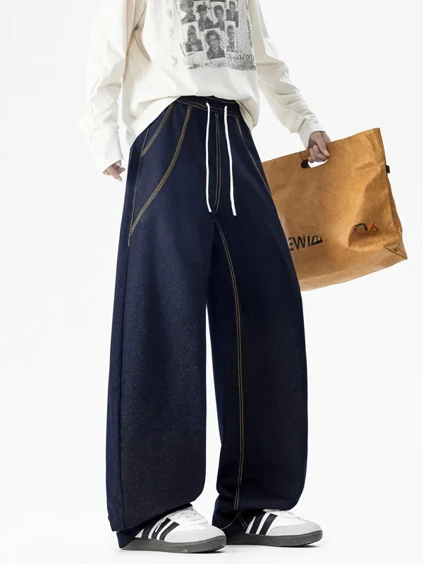American Style Casual Drawstring Sports Men's Pants Spring New Trendy Loose Straight Leg Drapey Wide Leg Floor Length Stripe ...
