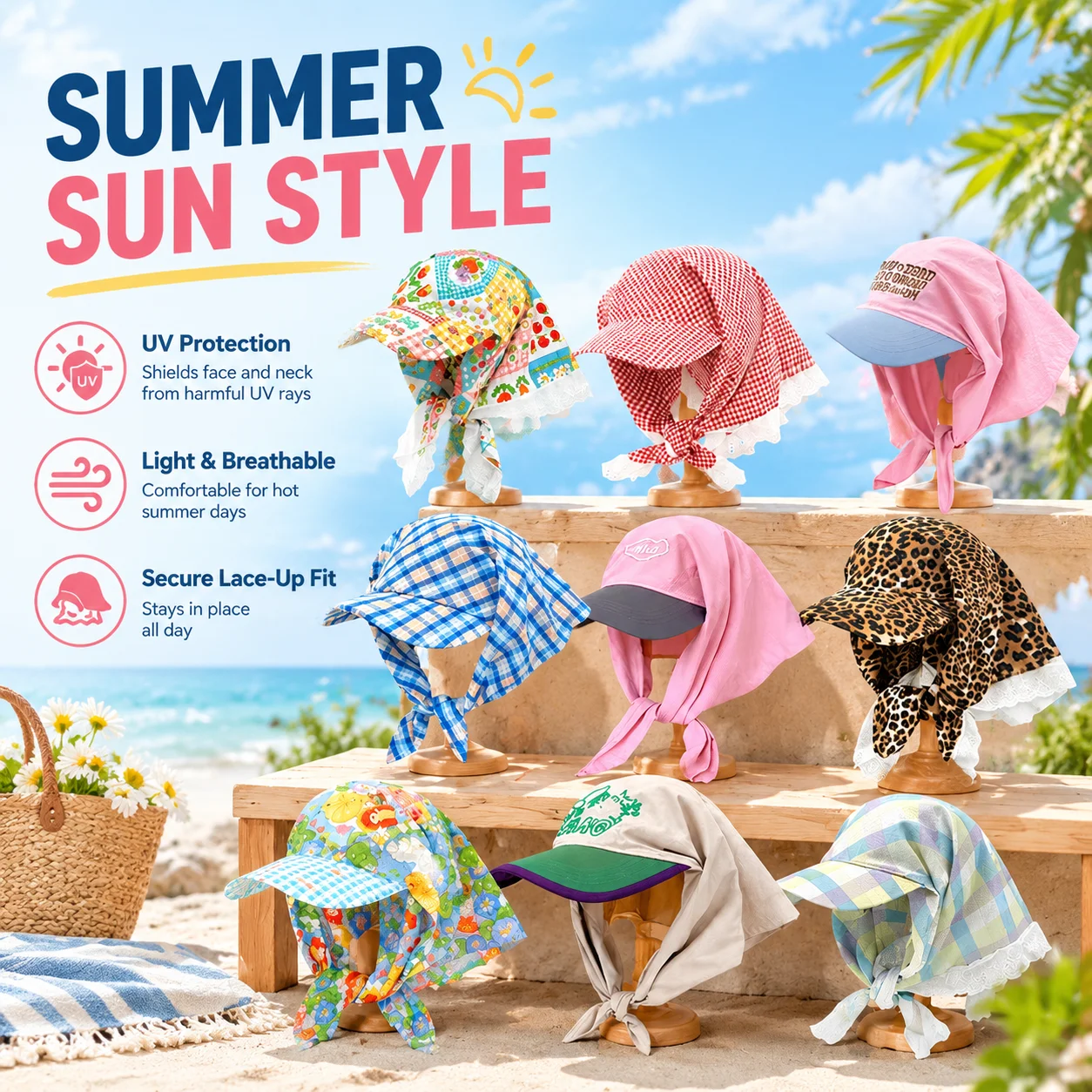 Floral Print Lace Up Bandana Sun Hat for Women Korean Style Baseball Cap UV Protection Summer Beach Outdoor Headscarf Hat