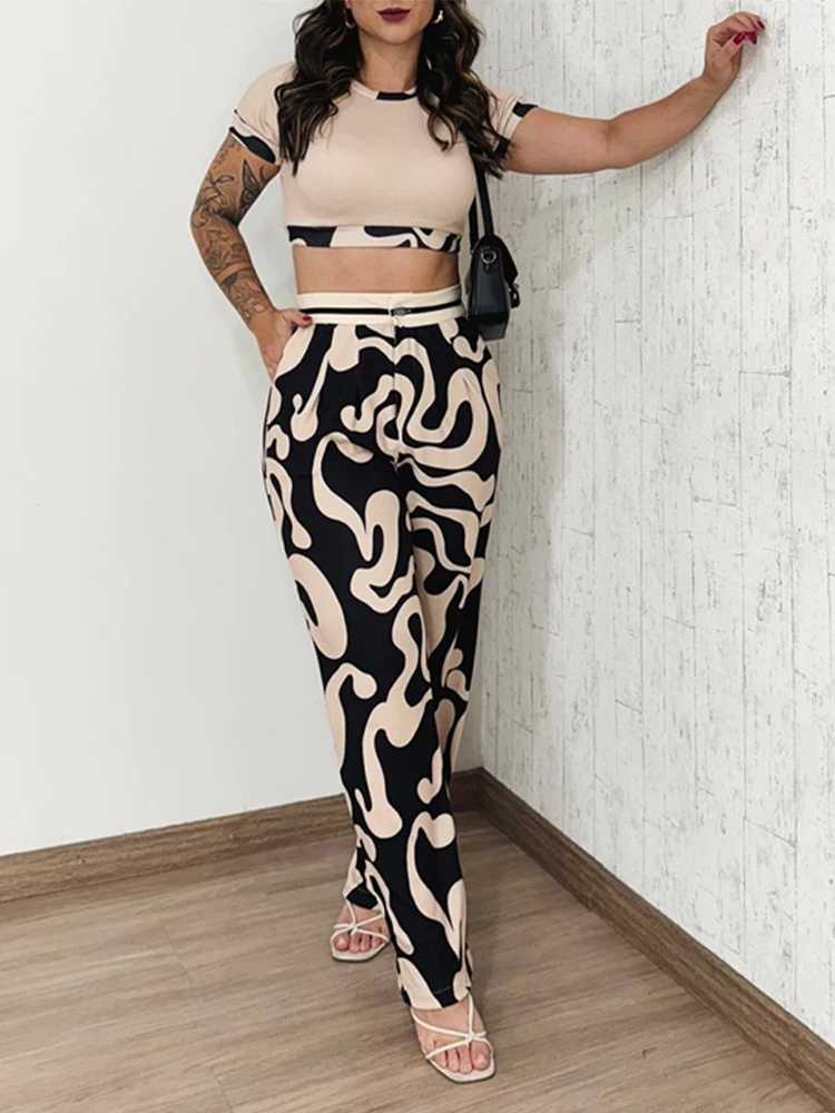 Abstract Print Crop Top & Pocket Design Pants Set