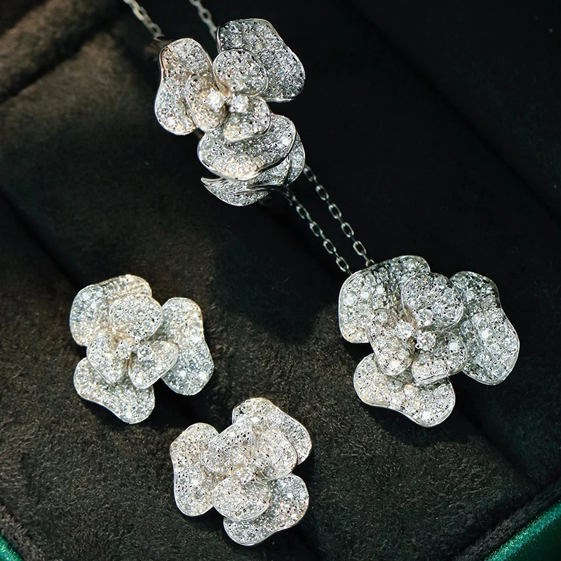 Aazuo 18K White Gold Diamond Jewelry Set - Flower Ring Necklace Earrings Combo for Women And Girls Perfect for Special Occasions