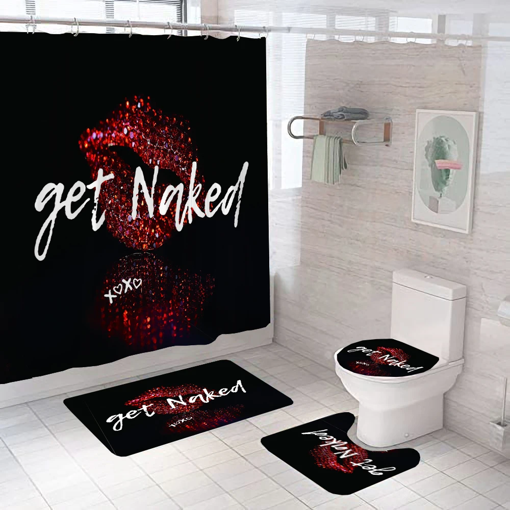 Get Naked Pattern Bathroom Curtain Set Sexy Red lips Print Shower Curtains Bath Mats Pedestal Rugs Toilet Cover Non-slip Carpet