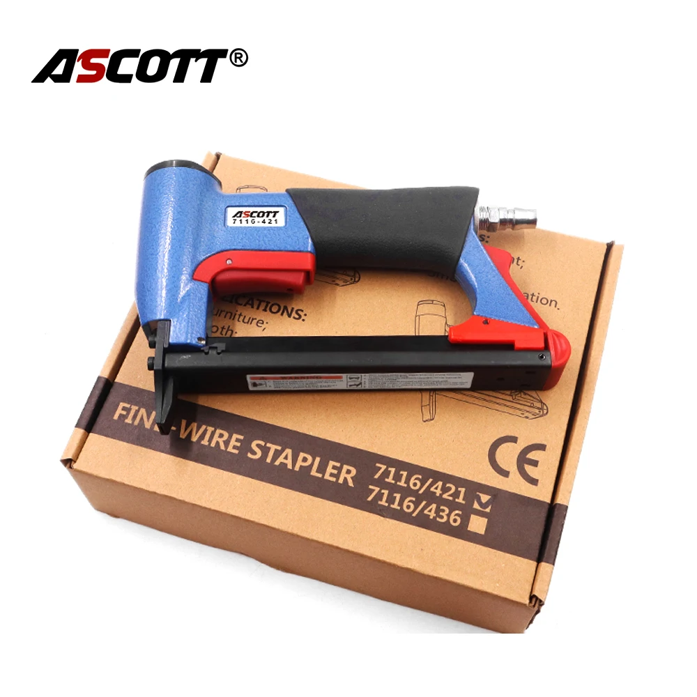 Ascott 7116 Pneumatic Upholstery Stapler 22Ga 3/8inch Width Crown Nailer Leather Seats Nailing Gun with 2000pcs Crown Staples