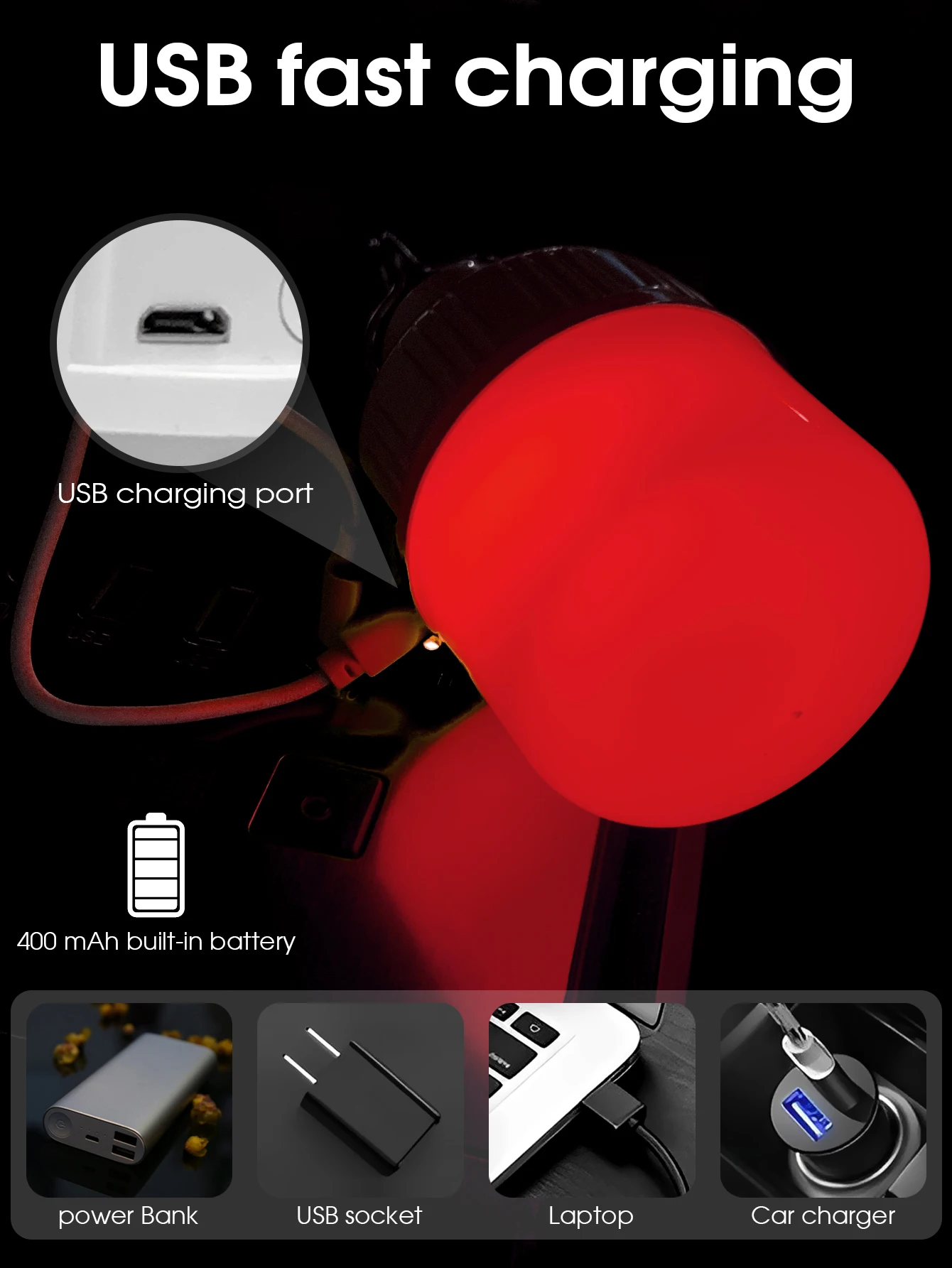 ไฟ LED พกพาแบบชาร์จ USB สำหรับใช้งานกลางแจ้ง ไฟฉุกเฉิน ปรับได้ 3 ระดับ พร้อมตะขอแขวน ใช้สำหรับตั้งแคมป์ หรือใช้ในบ้านเป็นไฟกลางคืน