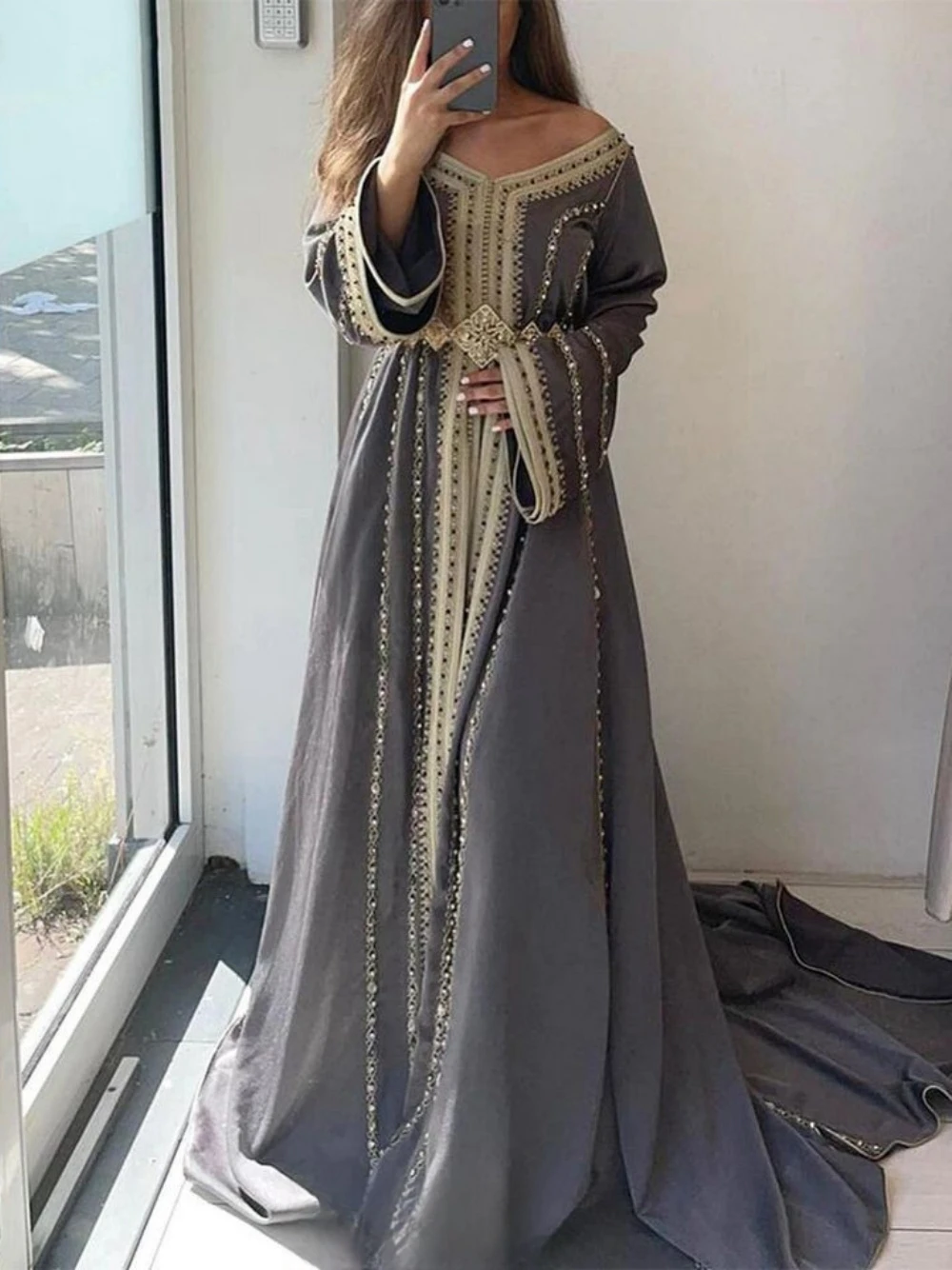 Arab V-neck Evening Dresses Elegant Fashion Long Sleeve Bridal Dress Gray Caftan Floor-length Gown Robe De Mariée