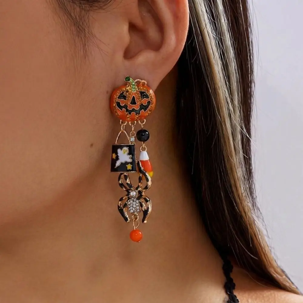 Punk Rhinestone Halloween Earrings Zircon Crystal Pumpkin Ear Studs Pendant Trick or Treat Long Tassel Drop Earrings Unisex