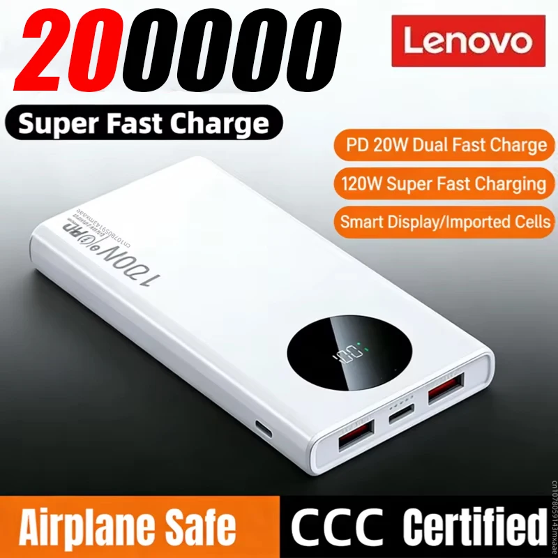 Lenovo 200000mAh Power Bank 120W Super Fast Charging PD20W Dual Way Digital Display Airplane Safe CCC For iPhone Samsung Xiaomi
