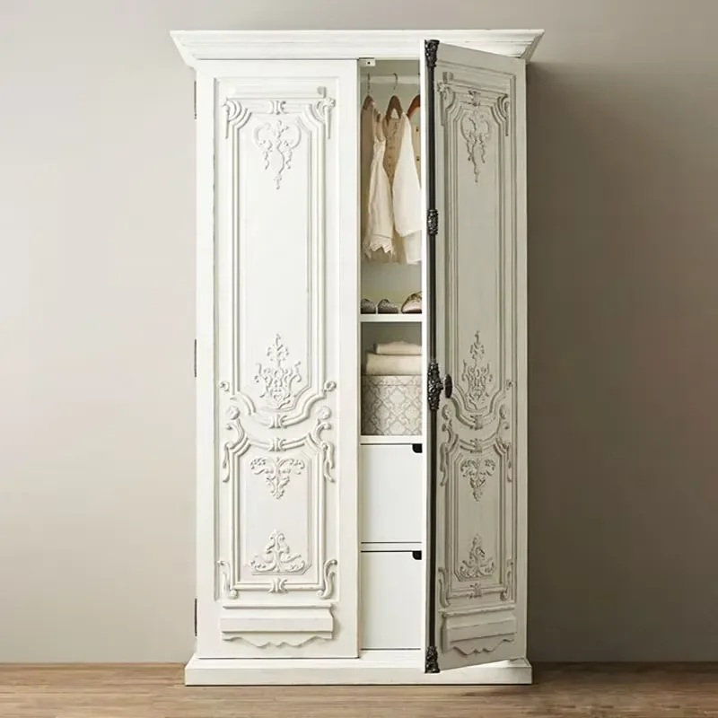 Premium Elegant Vintage French Style Distressed 2-Door Wardrobe Carved Wood Cabinet Storage Closet Armoire for Bedroom