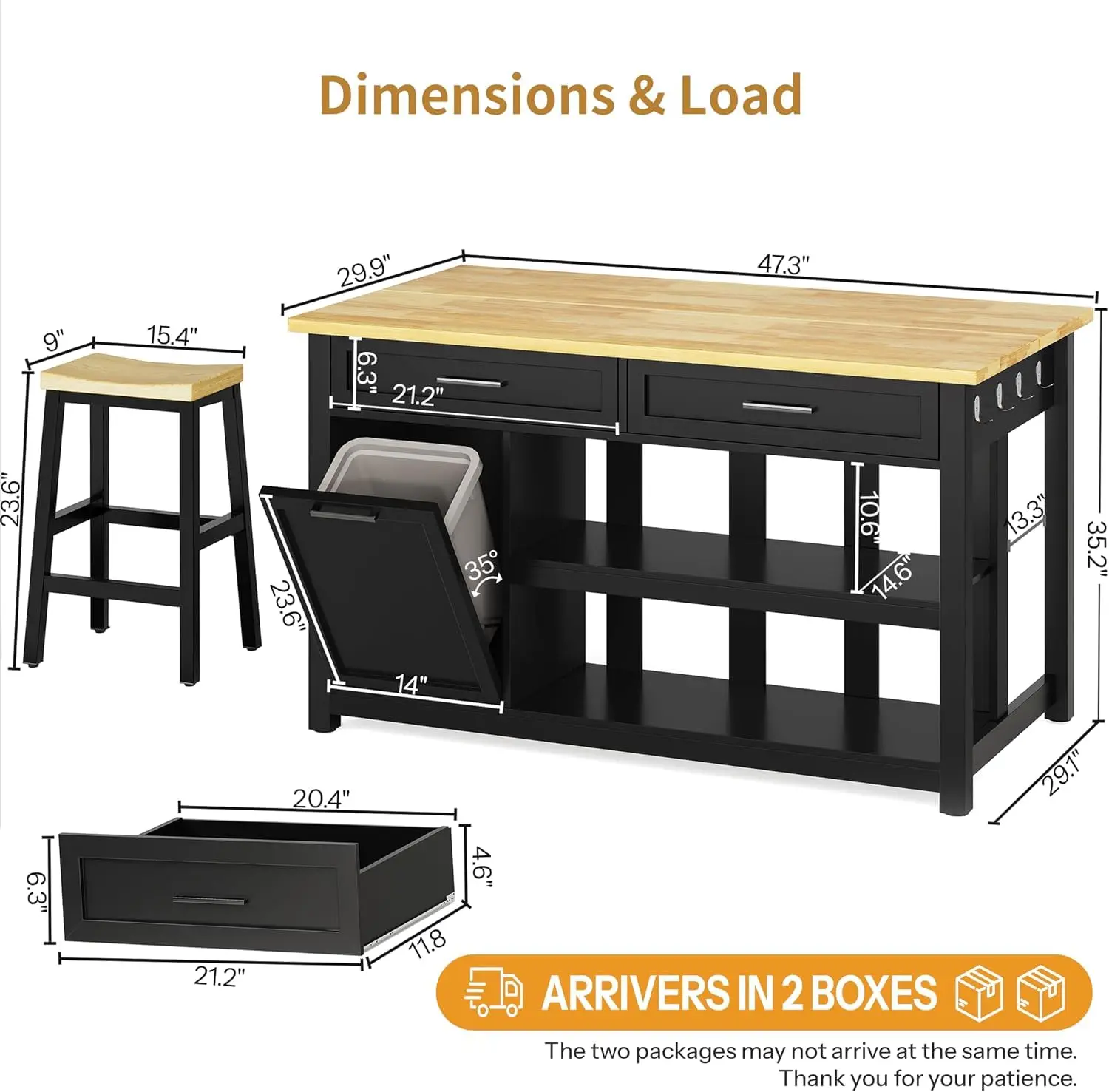 Kitchen Island with Storage & 2 Bar Stools, Black, Customized