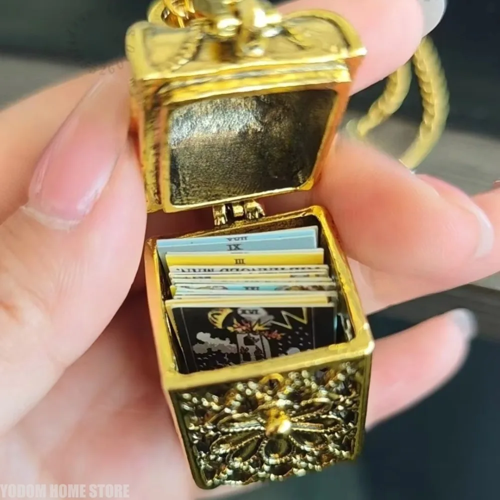 Mini Tarot Card Necklace Steampunk Hollow Cage Pendant With 22Pcs Full‑Color Mini Tarot Cards Vintage Jewelry for Men & Women