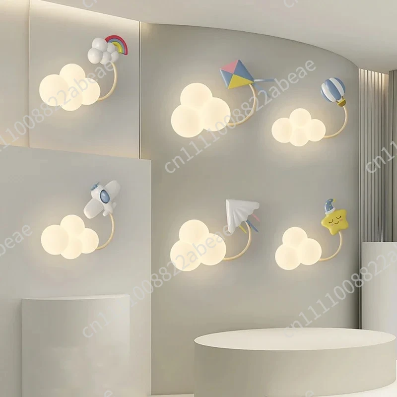 Children Cream Style Wall Lamp Cartoon Airplane Lights PE Lampshade Star Rainbow Kite Hot Air Balloon Cloud Night Light