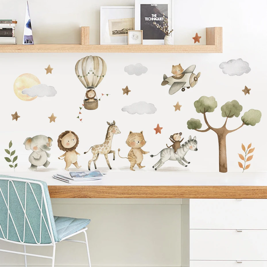 Watercolor Cartoon Cute Animals Wall Stickers Elephant Giraffe Tiger Tree Kids Room Wall Decals Decorative Sticker for Wall