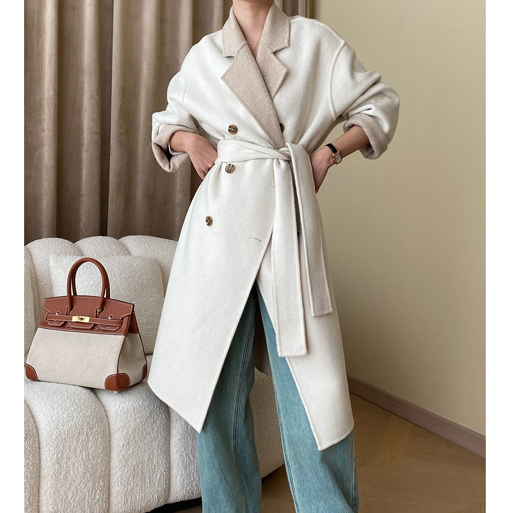 Women Autumn Coats Two Way Wear Drouble Breasted Design 52% Cashmere Long Woolen Coat With Belt Wool Coat Veste Femme Tops