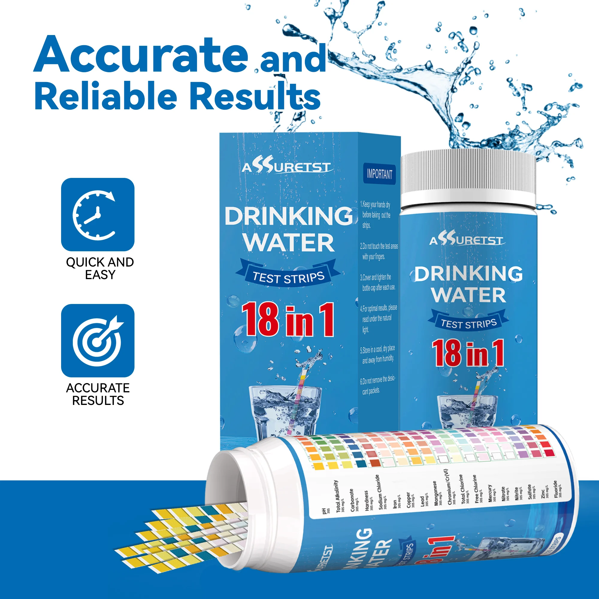 18 in 1 Drinking Water Test Strips 125pcs Home Water Quality Test Kit Detect pH Hardness Chlorine Fluoride Heavy Metal