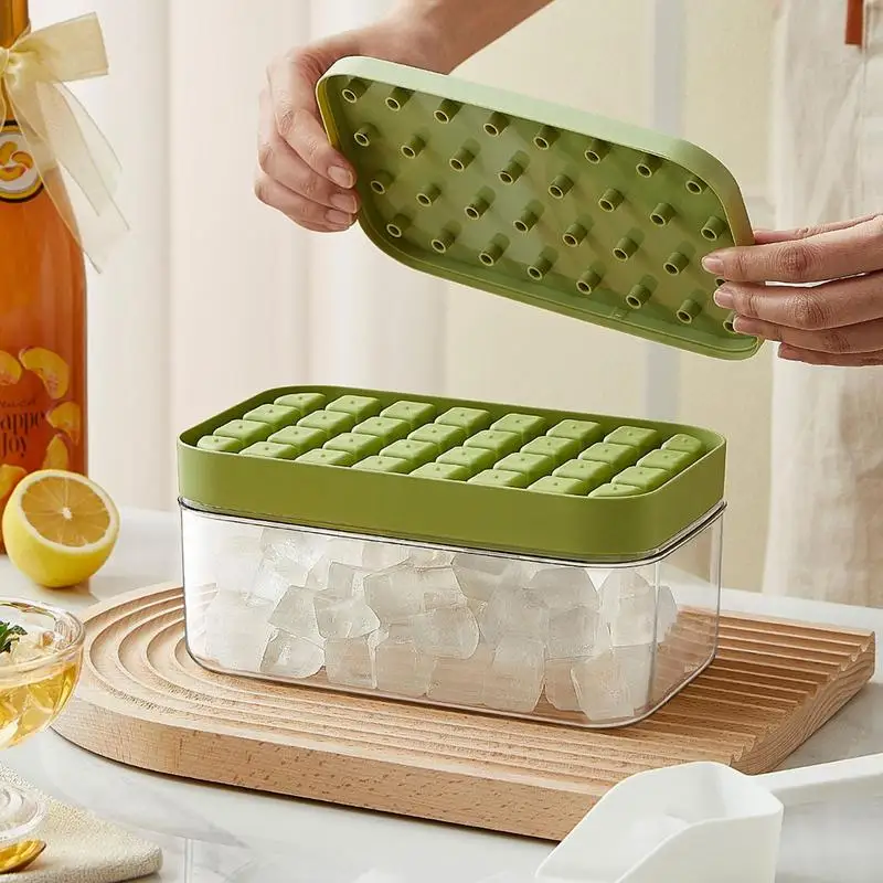 Ice Cube Tray With Lid And Bin For Freezer, Press Type Easy Release Ice Cubes Molds Ice Container And Scoop, Silicone Ice Trays