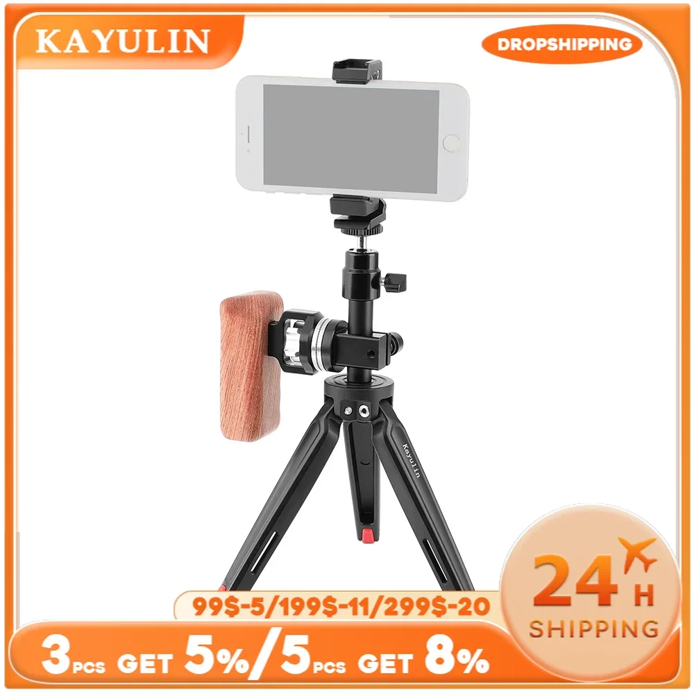 Kayulin Robust Foldable Mini Tabletop Tripod + Smartphone Clip + Ball Head Peapod Holder With Arri Rosette  Wooden Handle Grip